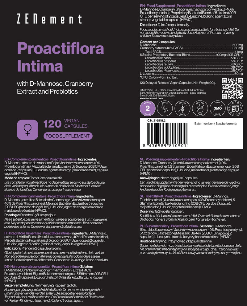 Proactiflora Intima – with D-Mannose, Cranberry & 5 Probiotic Strains – 120 Vegan Capsules, No Additives, Non-GMO, Gluten-Free, Lactose-Free, Soy-Free – Zenement