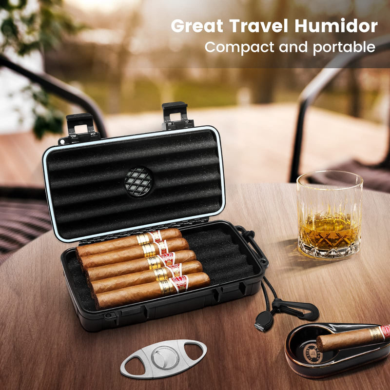 [Australia] - Flauno Travel Cigar Humidor Case - Portable Cigar Box with Humidifier Disc & Cigar Cutter | Waterproof | Crushproof | Airtight | Durable (Holds up to 5 Cigars) Holds up to 5 Cigars 