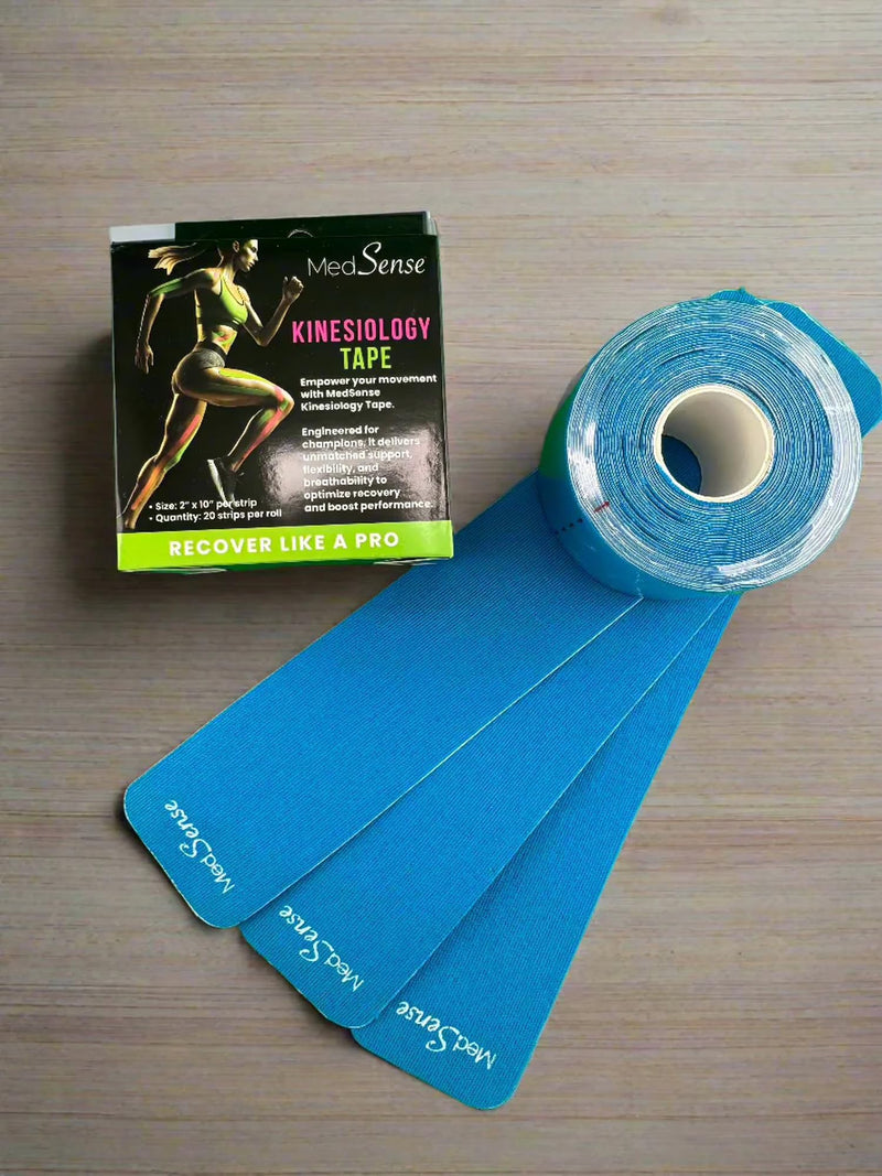 MedSense Kinesiology Athletic Tape, Blue, 2 Inch x 10 Feet Roll, Pre-Cut Strips, Professional Recovery Support for Sports, 20 Strips