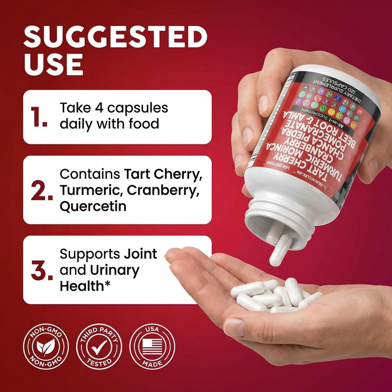 Clean Nutraceuticals Tart Cherry Extract Capsules with Turmeric Moringa Cranberry Chanca Piedra Celery Quercetin ACV Pomegranate L Selenomethionine - Uric Levels - 120 Ct 1