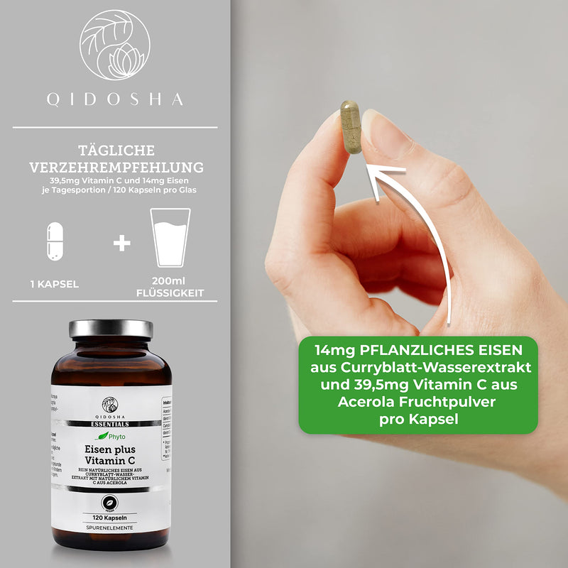 [Australia] - QIDOSHA® vegetable iron plus vitamin C capsules, 120 pieces in a glass, 14 mg per capsule of vegetable iron from curry leaf extract, supplemented with vitamin C from acerola fruit powder, laboratory tested, vegan high dose 89.7 g (pack of 1) 