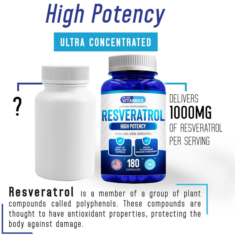 [Australia] - We Like Vitamins Resveratrol 1000mg per Serving - 180 Easy to Swallow Veggie Capsules - Natural Resveratrol Supplement 1000mg - Antioxidant Supplement Helps Support Anti-Aging and Immune System 180 Count (Pack of 1) 