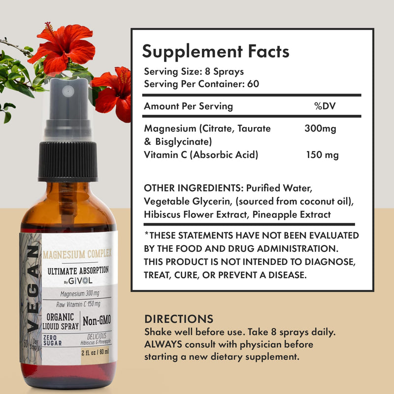 Tri Magnesium Complex - Magnesium Biglycinate, Citrate & Taurate Liquid Spray 300mg w/Raw Vitamin C and Organic ZINC Boost Mist 40mg (Extra Strength) - Sugar Free with VIT C and Elderberry Extract