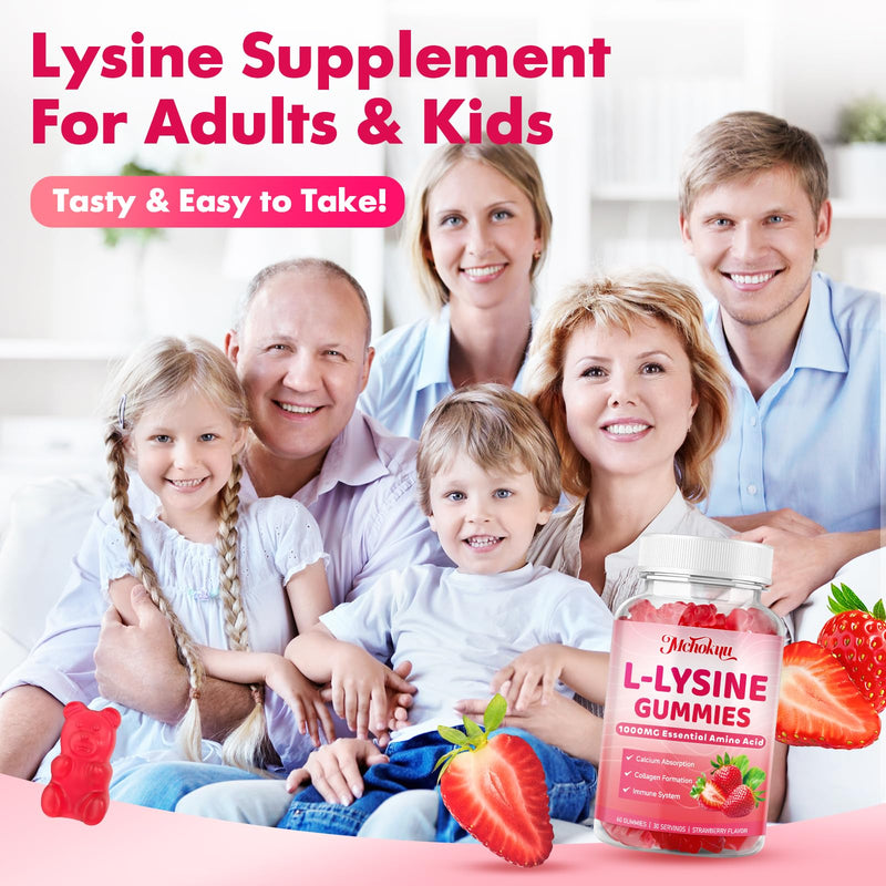 [Australia] - L-Lysine 1000mg Gummies, Chewable Lysine Supplement for Adults & Kids Immune Support, Essential Amino Acid, Vegetarian, Non-GMO, Sugar-Free, Gluten Free, Strawberry Flavor, 60 Counts 60 Count (Pack of 1) 