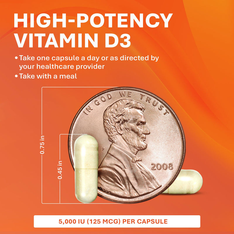 Rugby Vitamin D3 5,000 IU (125 mcg), 100 Capsules | Gluten-Free, High Potency Vitamin D Dietary Supplement for Bone, Teeth, and Immune Health, No Artificial Flavors and Colors