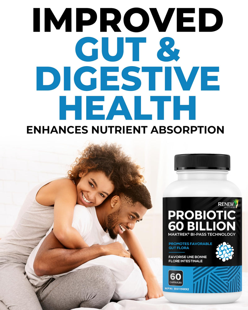 Renew Actives Probiotic Supplement for Digestive Health 60 Billion CFU per 2 Capsules - Advanced Formula with Prebiotic Benefits - Supports Gut Flora Balance & Wellness - Made in Canada - 60 Capsules