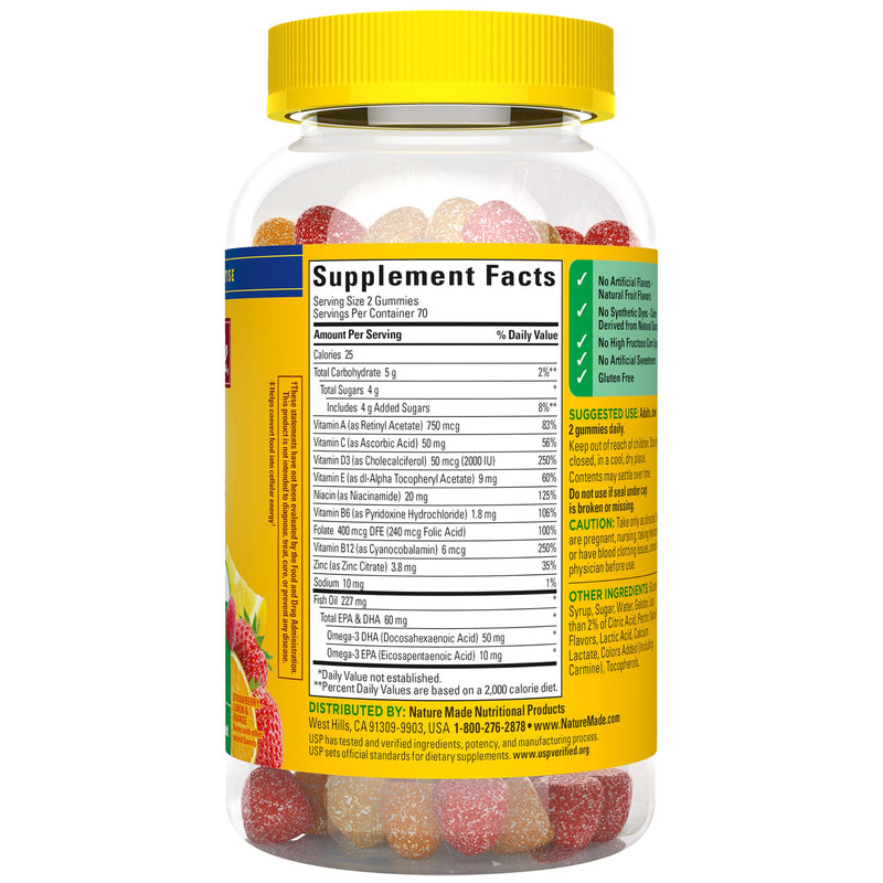 Nature Made Multivitamin + Omega-3, Multivitamin Gummies for Adults, 140 Ct | Adult Gummy Vitamins & Minerals, Multivitamin Gummies for Women and Men, Daily Nutritional Support, 70 Day Supply Strawberry, Lemon & Orange 140 Count (Pack of 1)
