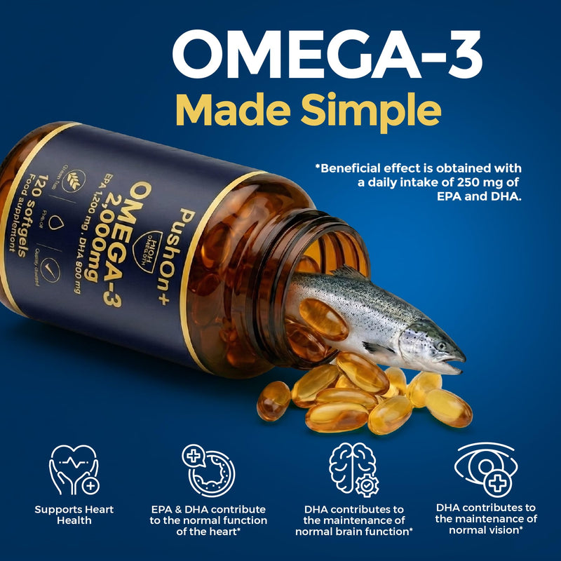 PushOn+ Omega-3 2000 mg Fish Oil Capsules – 120 Softgels – EPA 1200 mg & DHA 800 mg per Daily Serving – Food Supplement – 2 Months Supply