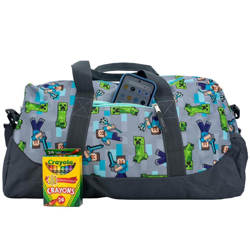 Minecraft Duffle Bag, 16 inch Travel Sleepover Weekender Bag for Girls & Boys, Green/Gray Grey