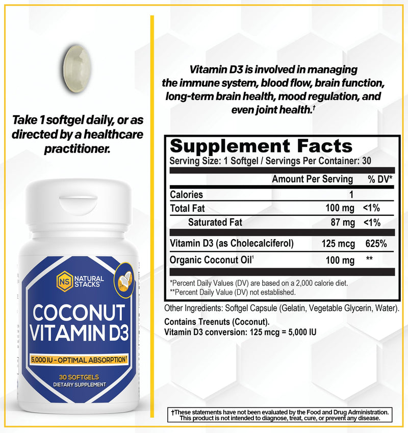 NATURAL STACKS Vitamin D 5000 IU Supplement - with Coconut Oil for Optimal Absorption - Vitamin D Pills for Immunity & Cell Growth - D3 125mcg Cholecalciferol Supplement - 30 D3 Servings (Pack of 2) 30 Count (Pack of 2) Vitamin D3