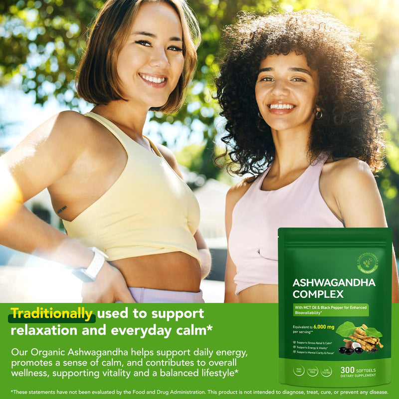 Ashwagandha 6000mg 300 Softgels, Ashwagandha KSM 66 Complex & Black Pepper Extract, High Absorption Supplement for Stress Relief, Mood, Focus & Vitality Support-Non GMO, Gluten Free