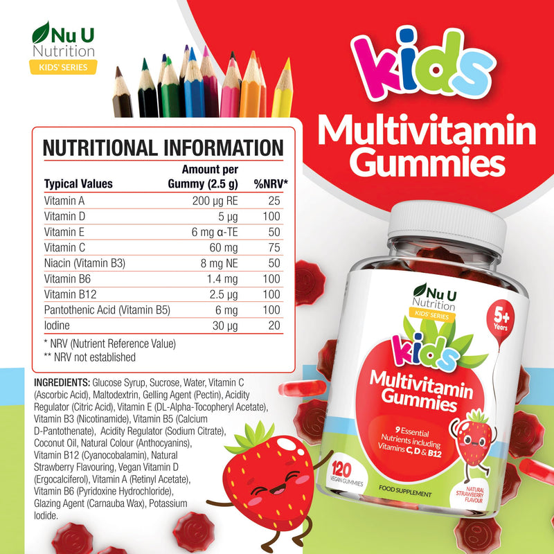 Nu U Nutrition - Multivitamin Gummies for Kids - 4 Month Suppply - 120 Vegan Berry Gummies - Strawberry Flavour - 9 Essential Vitamins Including Vitamin C, D & B12 - Made in the UK KIDS MULTIVITAMIN GUMMIES