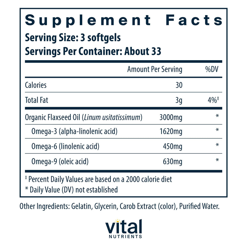 [Australia] - Vital Nutrients Flax Seed Oil 3000mg | Cold Pressed Flax Oil with high concentration of ALA for Heart Health* | Gluten, Dairy and Soy Free | Non-GMO | 100 Softgels 