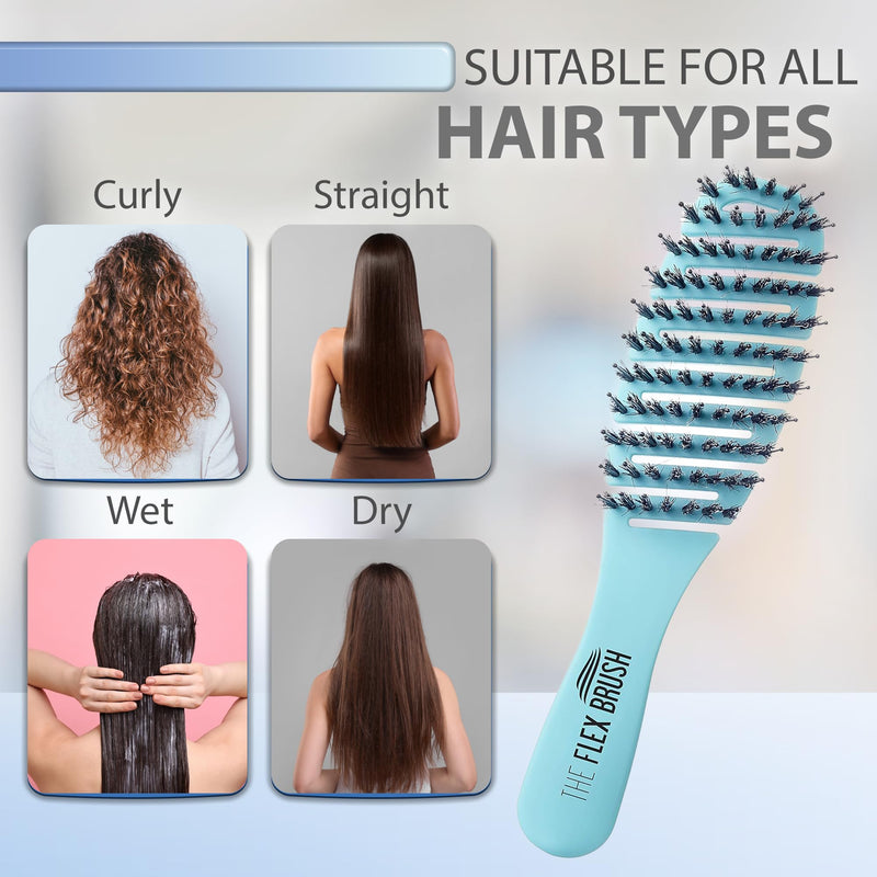 Flex Brush Vented Hair Brush for Blow Drying, Flexible Bristle for Women & Kids, Detangling, Massages Scalp for Hair Growth, Lightweight & Vented for Faster Drying, Boar Bristle & Nylon Mix (Blue) Blue Petite