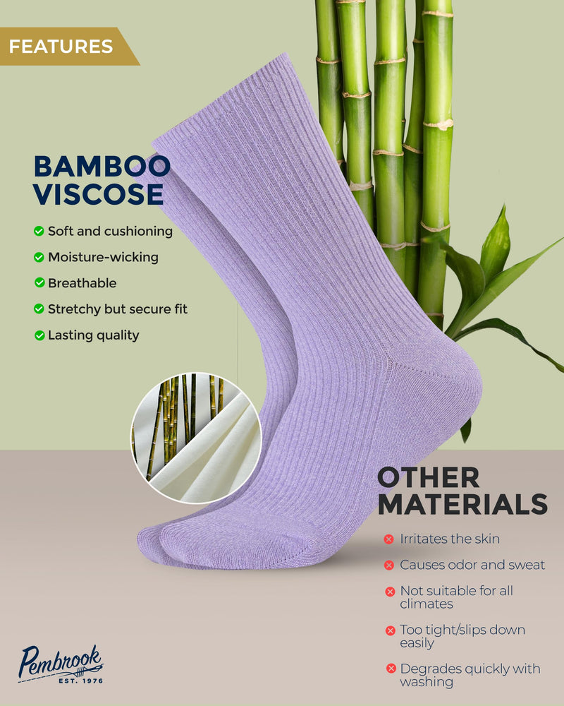 Pembrook Ribbed Knit Bamboo Viscose Diabetic Socks - 6 Pairs Crew Neuropathy Socks for Women | Diabetic Socks for Women Large Black, White, Light Blue, Blue, Purple, Pink