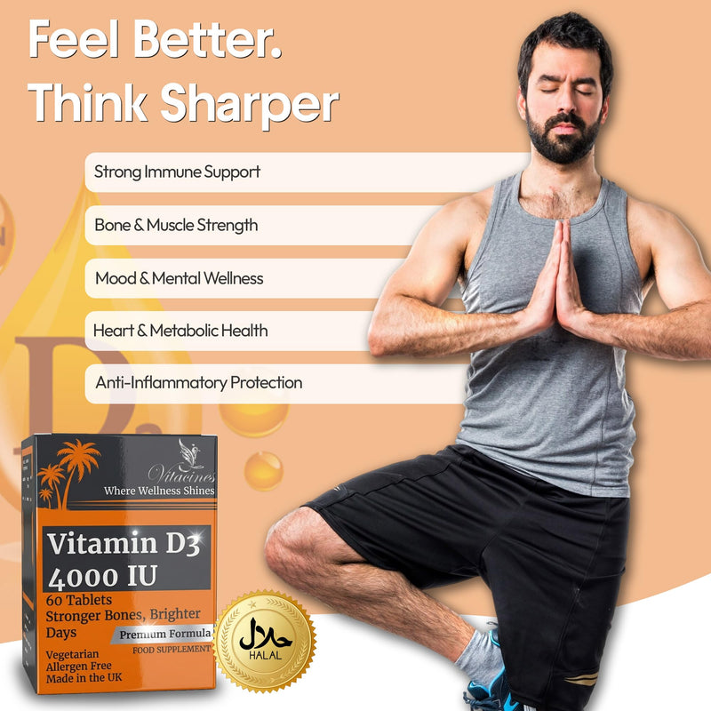 Vitamin D3 4000 IU Tablets | 60 Tablets | Vegetarian, Halal & Kosher Certified | Allergen Free, Gluten Free, Non GMO | Immune, Bone & Muscle Support | Made in The UK | 2 Month Supply