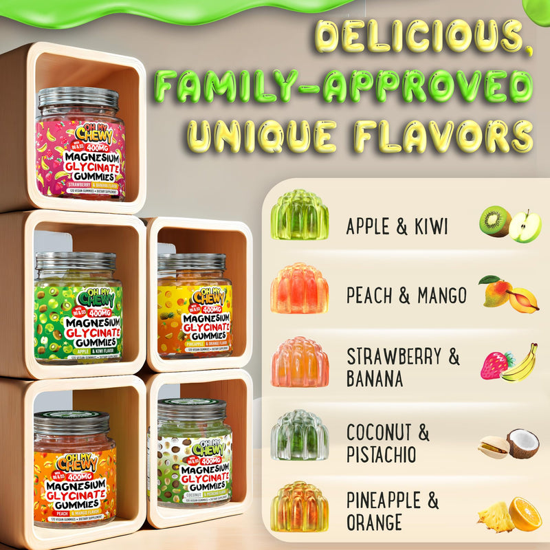 OH MY CHEWY Magnesium Gummies Bundle – 2 Bottles (60 Each) – Strawberry Banana & Apple Kiwi