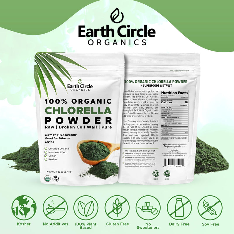 [Australia] - Earth Circle Organics Organic Chlorella Powder Superfood | Kosher | Broken Cell Wall Chlorophyll, Vegan, Super Green Algae, Clean Chlorella, High in Protein, Fiber & Amino Acids - 4oz 4 Ounce (Pack of 1) 