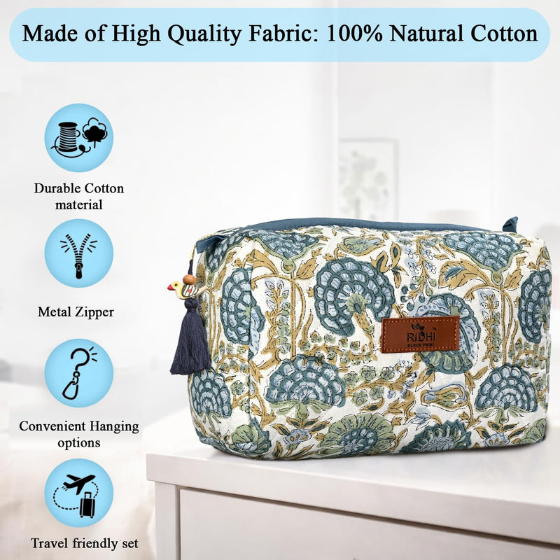 Asparagus Green Hand Block Printed Floral Toiletry Bag For Women 100% Cotton Quilted Set of 3 Waterproof Inner Lining, Cosmetic Jewelry Organizer, Travel Pouch, Essential Storage Purse Gifts Asparagus Green