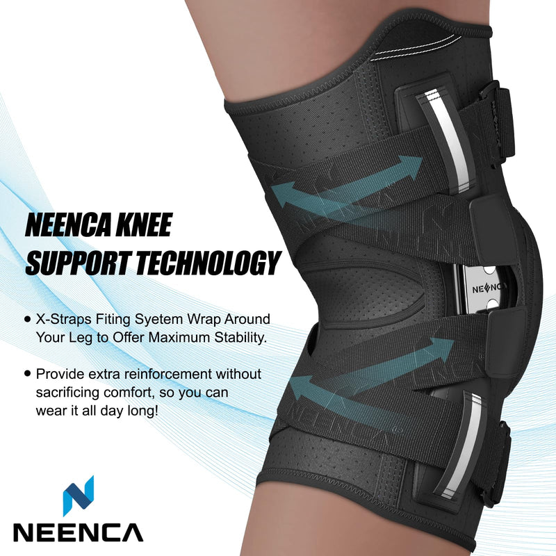 [Australia] - NEENCA Professional Knee Brace for Knee Pain, Hinged Knee Support with Patented X-Straps Fiting System, Strong Stability for Joint Pain Relief, Arthritis, Meniscus Tear, ACL, PCL, MCL, Sports, Workout Large Black-Single 