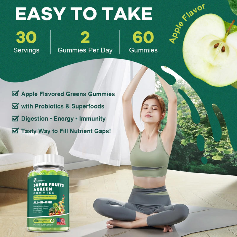 [Australia] - 61-in-1 Supergreens Daily Gummies for Women and Men, Multivitamin Superfood Gummy with Probiotics for Metabolic, Energy, and Digestive Health, Sugar Free, Green Apple Flavor, 60 Count 