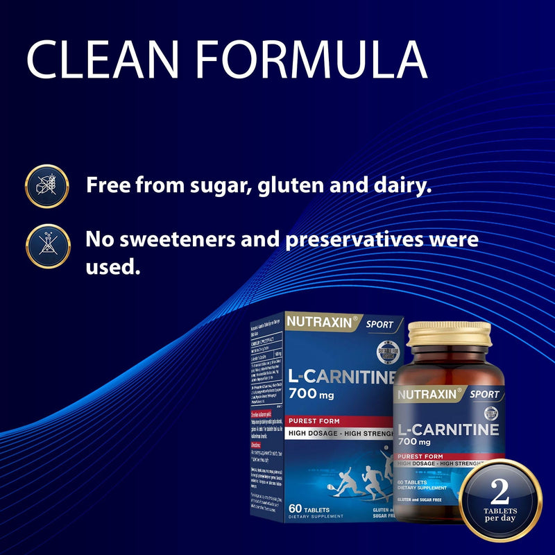 Nutraxin L-Carnitine, 60 Tablets - 1400mg L-carnitine per Serving - Allergen-Free, No Artificial Additives, Non-GMO, Halal Certified, GMP Manufactured - Take One Tablet Twice Daily