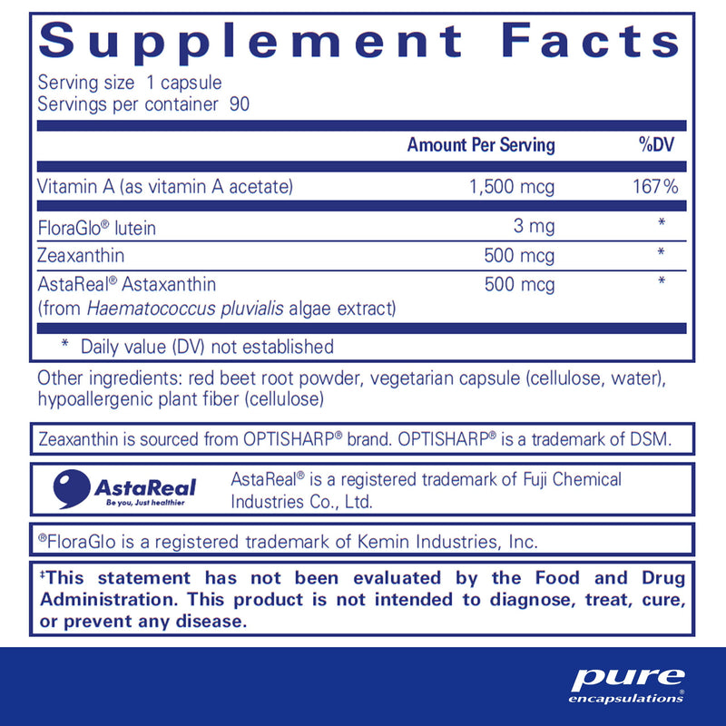 [Australia] - Pure Encapsulations Vitamin A + Carotenoids (Lutein, Zeaxanthin, and Astaxanthin) | Hypoallergenic Dietary Supplement | 90 Capsules 90 Count (Pack of 1) 