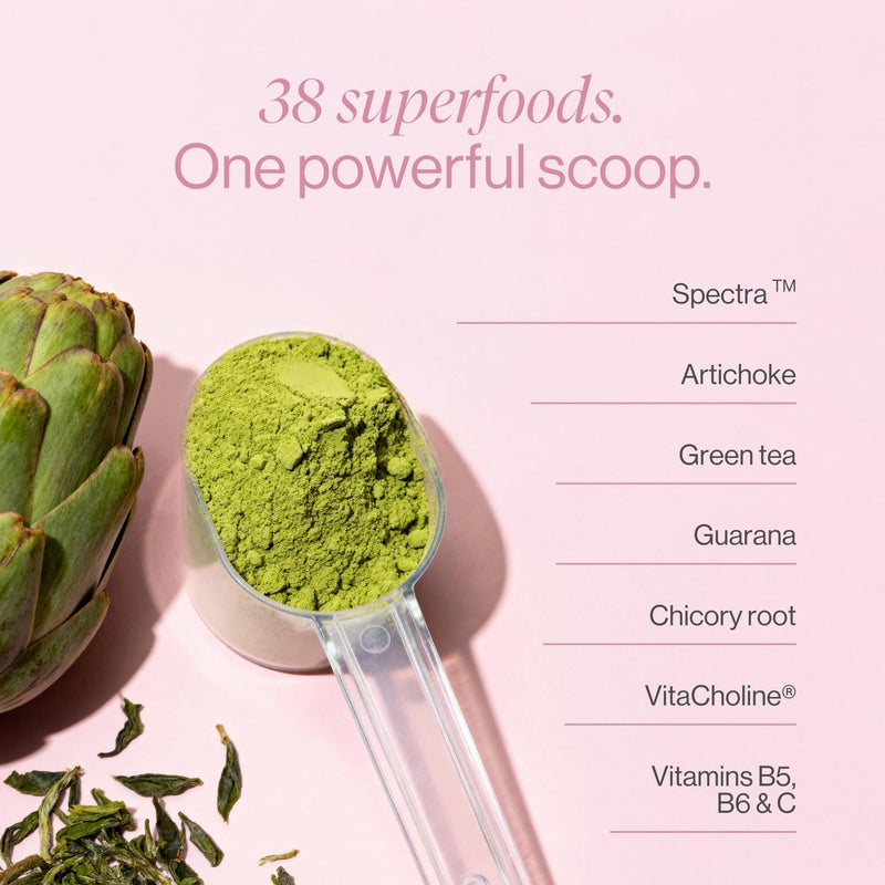 Super Greens Power with Guarana, Inulin & Green Tea – Lemon Flavour Super Greens Powder Drink with Chicory Root, Artichoke, Choline & Vitamins – 160 g – Tummy Tox
