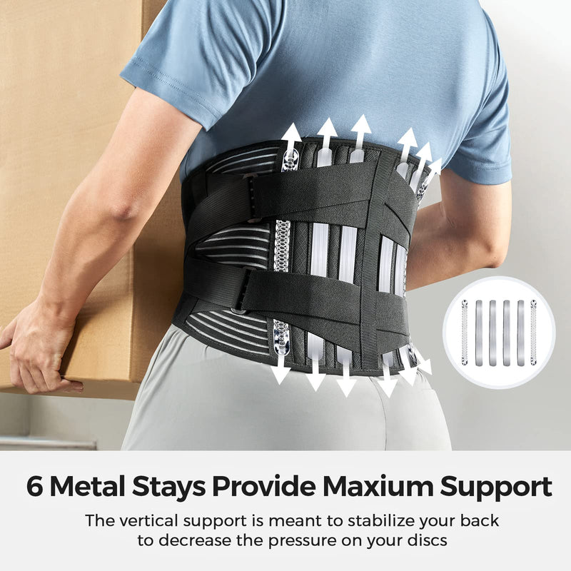 FREETOO Back Braces for Lower Back Pain Relief with 6 Stays, Breathable Back Support Belt for Men/Women for work , Anti-skid lumbar support belt with 16-hole Mesh for sciatica(L) Large (Pack of 1)