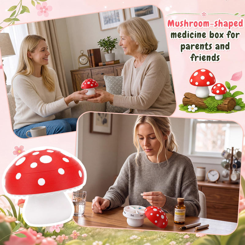 Mifoci 3D Printed Mushroom Pill Organizer Large Weekly Pill Case Mushroom Cute Decorative Medicine Box 7 Day Medication Container for Fish Oil Vitamins Supplements 4 Inch