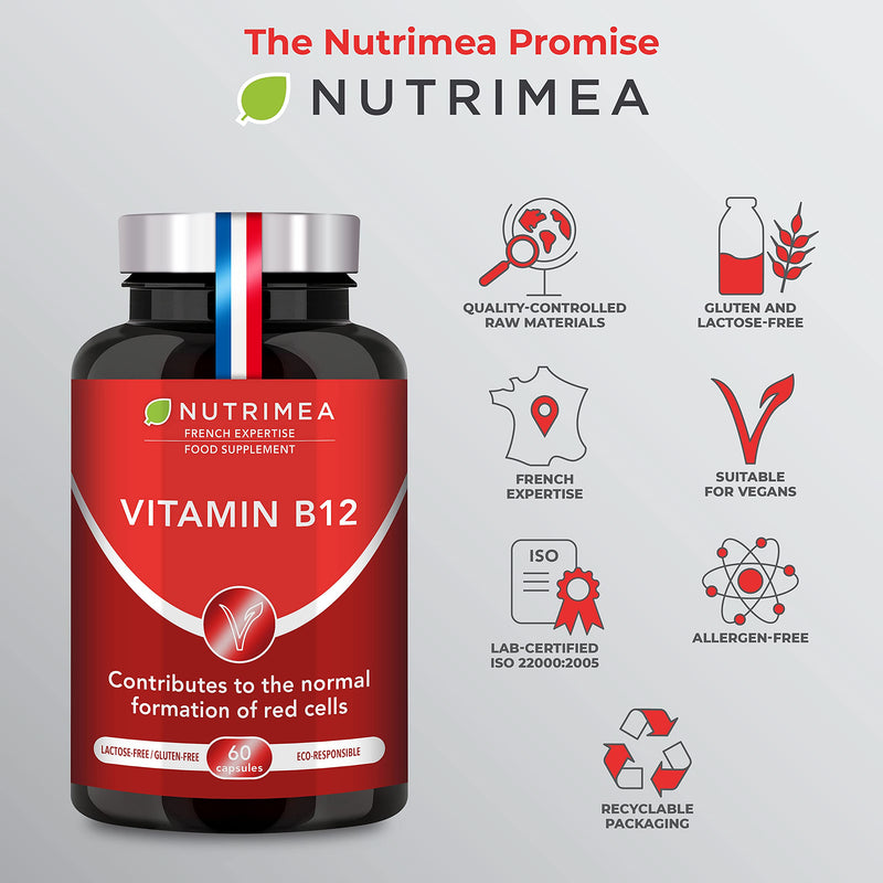 Vitamin B12 1000mcg High Strength - Cyanocobalamin Formula from Bacterial Fermentation - 60 Vegan Capsules - Gluten Free - Lactose Free - French Expertise - Nutrimea