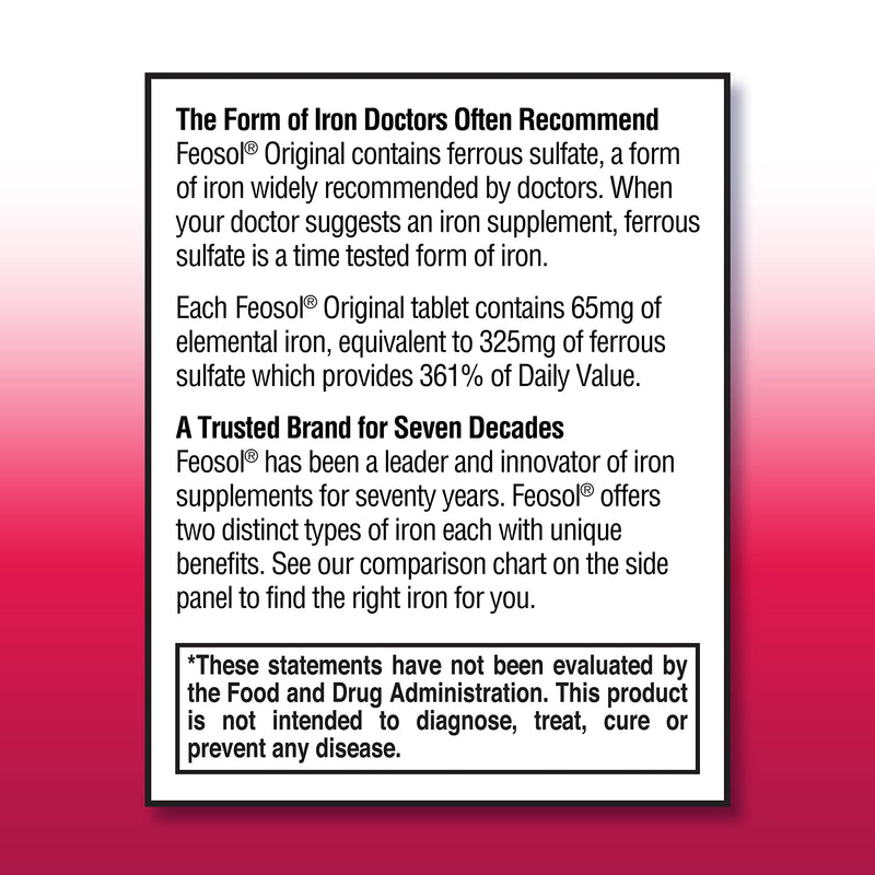 [Australia] - Feosol Original Iron Supplement Tablets, Non-heme, 325mg Ferrous Sulfate (65mg Elemental Iron) per Iron Pill, 1 Per Day, 120ct, 4 Month Supply, for Energy and Immune System Support, Made in USA 