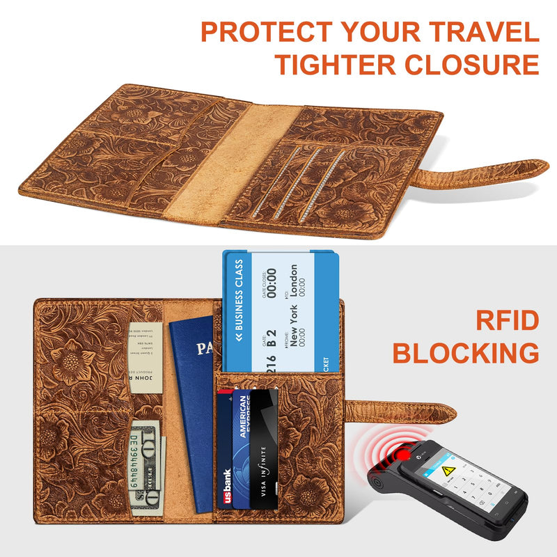 Genuine Leather Passport Holder Travel Bifold Wallet | For Men And Women Slim RFID Blocking Brown