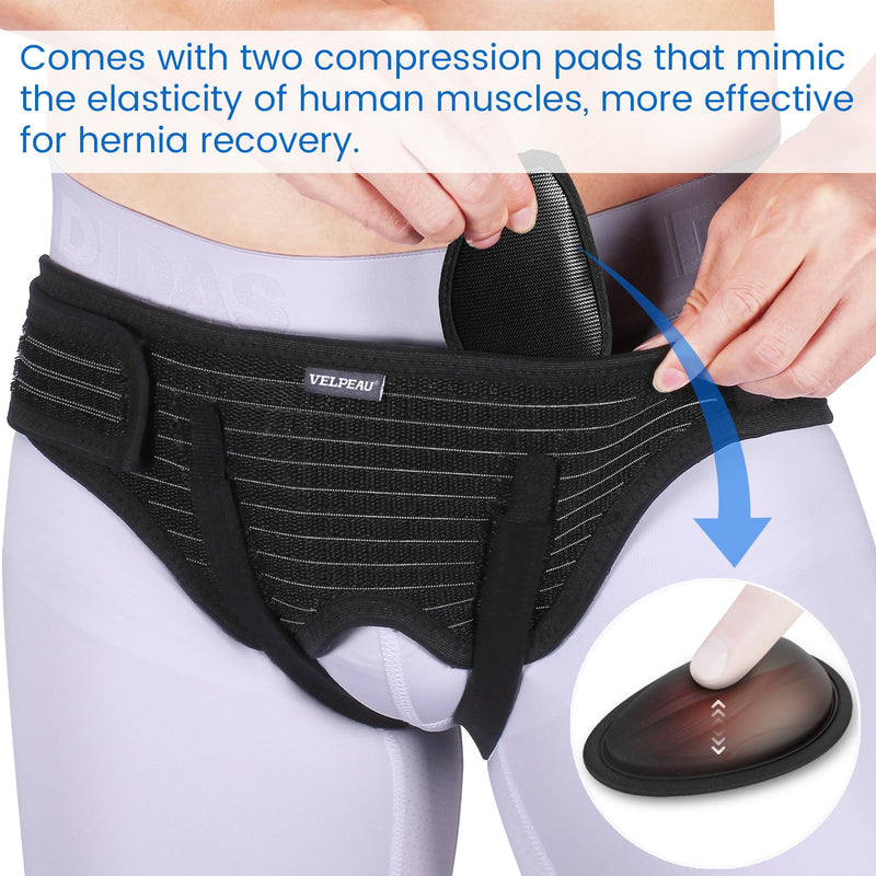 [Australia] - VELPEAU Hernia Belt Truss for Men and Women - Hernia Support Brace for Single/Double Inguinal or Sports Hernia, 2 Removable Compression Pads & Adjustable Groin Straps(Medium, Hip Circumference 35-42") Medium Black 