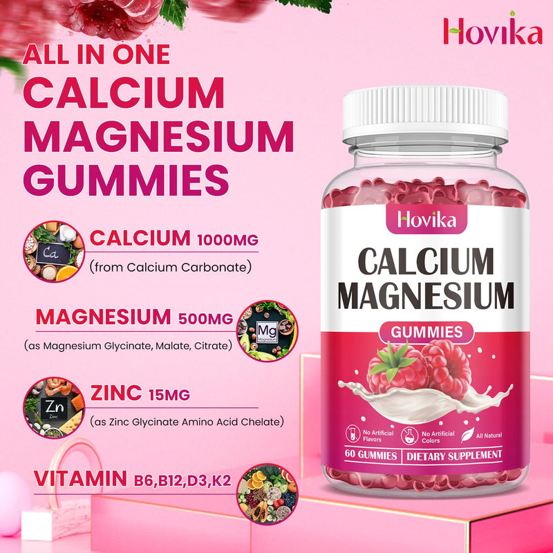 Calcium Magnesium Zinc Gummies-Calcium Magnesium 2:1 Ratio with Vitamin D3, K2, B6, B12 for Bone Strength, Muscle Function & Nerve Health, Extra Absorption Formula, Vegan, Raspberry Flavor 120 Gummies 60 Count (Pack of 2)