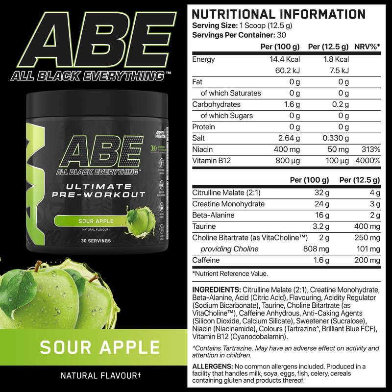 [Australia] - Applied Nutrition ABE Pre Workout Powder - Pre Booster for Energy & Performance with Citrulline, Creatine Monohydrate, Beta Alanine (375 g - 30 servings)(Sour Apple) Sour Apple 