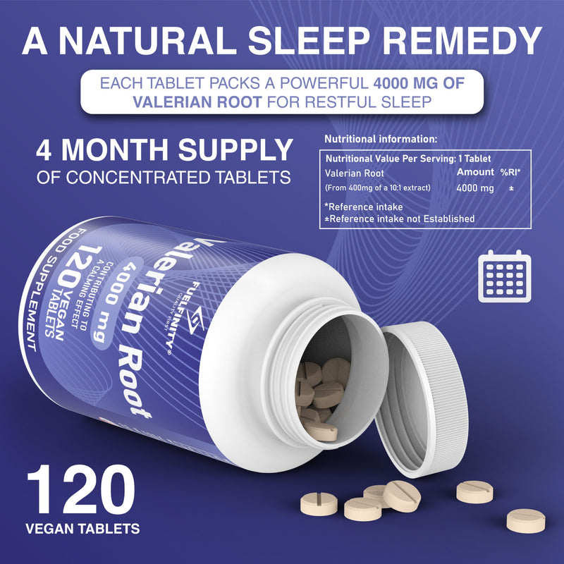 High Strength: Valerian Root Tablets - 4000mg per Tablet - Stress Management Herbal Supplement - Valerian Root Supplement for Sleep Support - Vegan - FuelFinity® Standards 120 count (Pack of 1)