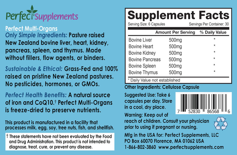 Perfect Supplements - Perfect Multi-Organs – A Blend of 6 Synergistic Glandulars – 100% Freeze Dried & Hormone Free – New Zealand Pasture Raised Whole Food Capsules