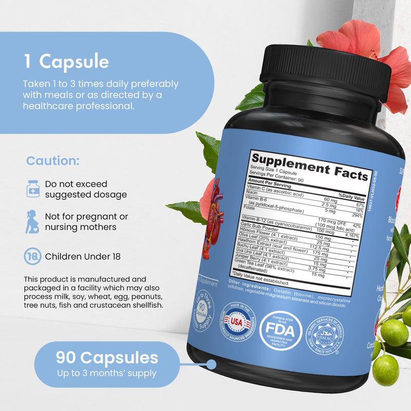 [Australia] - Blood Pressure Support Supplement with Garlic, Hibiscus, and Hawthorn - Supports Cardiac Health and Circulation, Healthy Heart-Supporting Herbs and Vitamins - 90 Capsules, 3 Months Supply. 