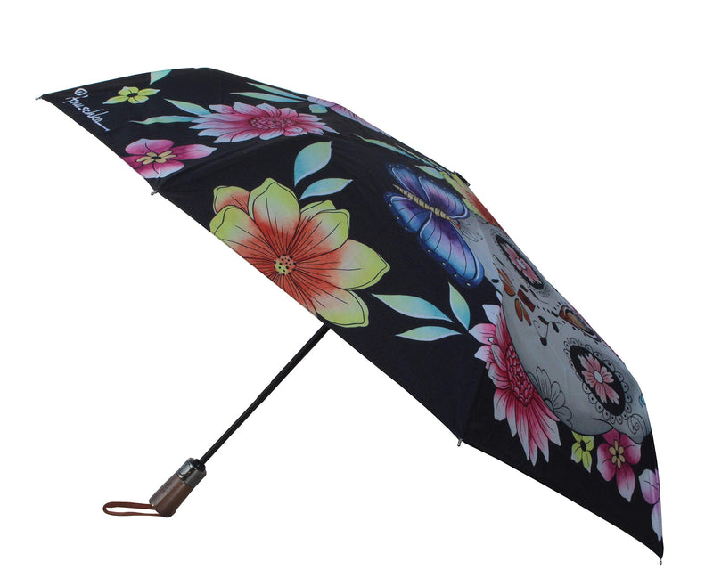 Anuschka Umbrella AUTO Open/Close - UPF 50+ Max Sun protection - 38” Waterproof Canopy - Fits in Handbag - Windproof Flexible Fiberglass - Day of the Dead