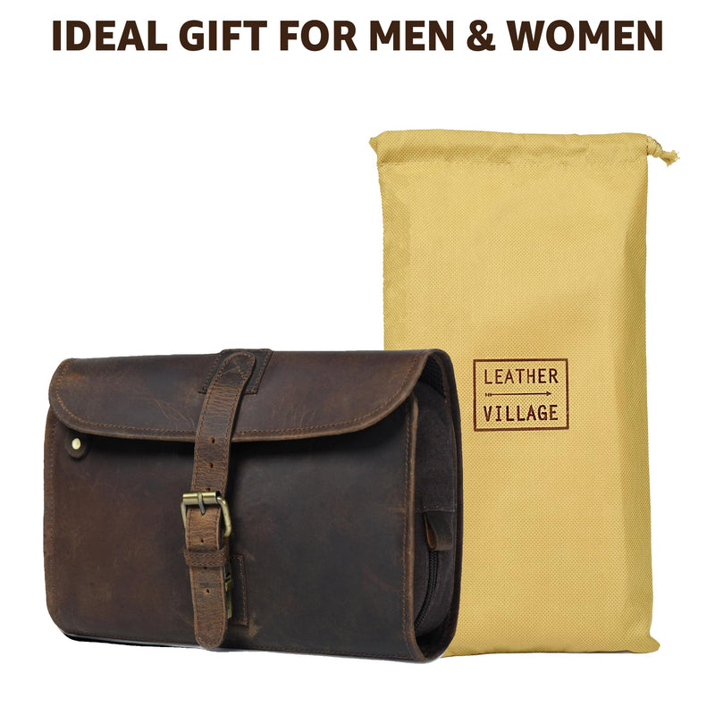 LEATHER VILLAGE Hanging Leather Toiletry Bag for Men, Dopp Kit, Brown | Genuine Buff Leather, 11X7 In Folded & 20X11 In Open, Ykk Zippers, Brass Hook,Water Resistant Canvas Lining, For Men & Women