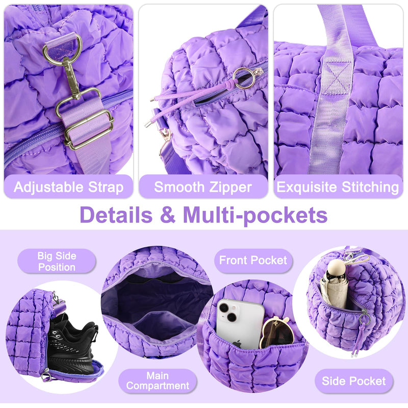 Quilted Travel Duffle Bag Gym Bag for Women,Large Puffer Duffle Weekender Bag with Compartment,Workout Overnight Carry on Organizer Bag Duffle Bag for Airplane Travel(Purple) Purple Medium