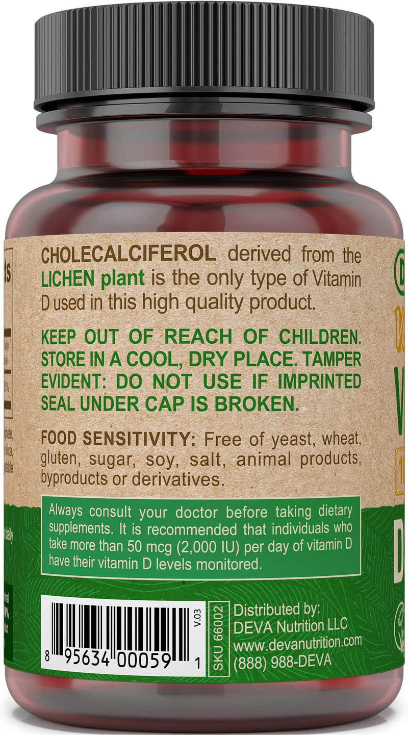 DEVA Vegan Vitamin D3 Supplement - Once-Per-Day Tablet with 1000 IU - Cholecalciferol - Lichen Plant Derived - 90 Small Tablets, 2-Pack 90 Count (Pack of 2)