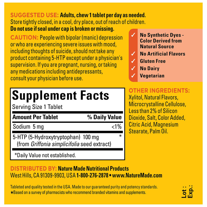 [Australia] - Nature Made Chewable 5HTP 100mg, 5-HTP Mood Support Supplement, 30 5 HTP Chewable Tablets, 30 Day Supply Orange Citrus 30 Count (Pack of 1) 