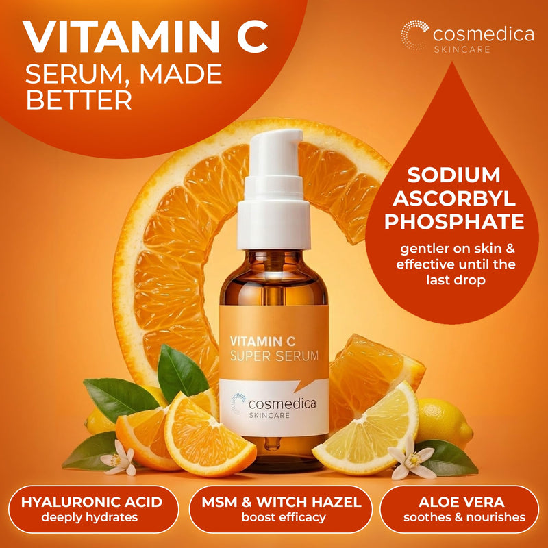 Cosmedica Vitamin C Serum for Face with Hyaluronic Acid & Vitamin E – Brightening Anti-Aging Serum for Dark Spots, Fine Lines & Wrinkles, Lightweight Collagen Booster, 1 fl oz 1 Fl Oz (Pack of 1)