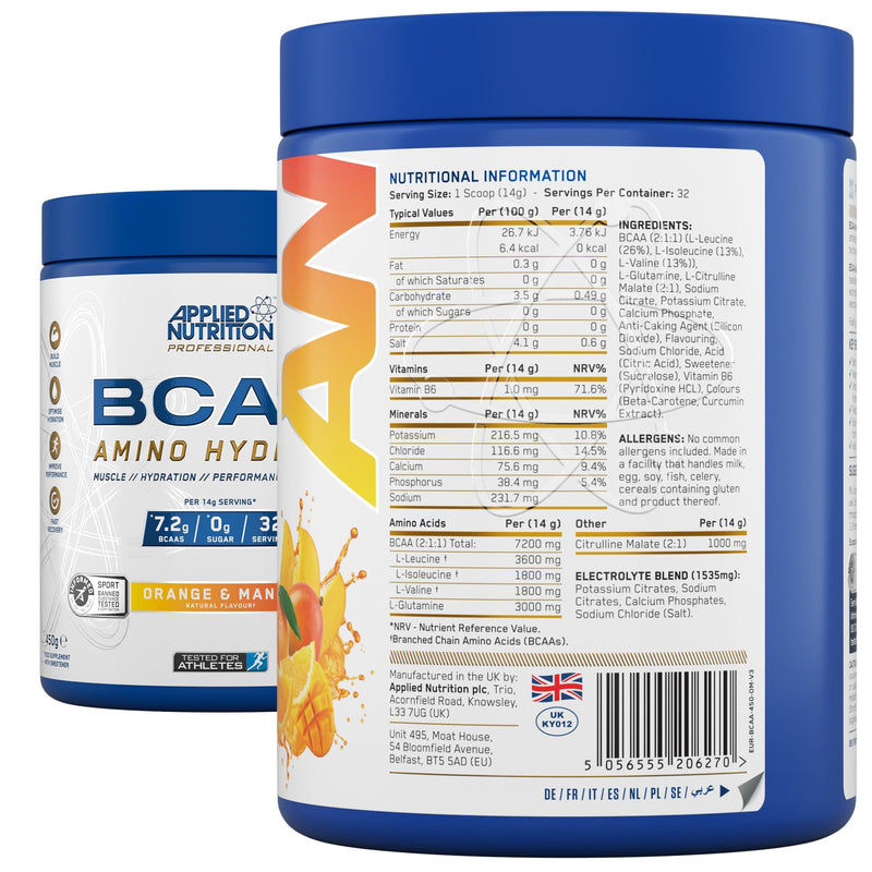Applied Nutrition BCAA Powder - Branched Chain Amino Acids BCAAs Supplement, Amino Hydrate Intra Workout & Recovery Energy Drink (450g - 32 Servings) (Orange & Mango) Orange & Mango 450g (Pack of 1)