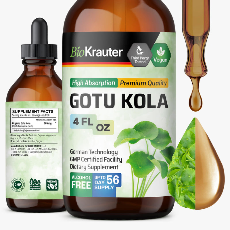 [Australia] - BIO KRAUTER Gotu Kola Tincture - Centella Asiatica Extract - Alcohol and Sugar Free Gotu Kola Extract - Vegan Drops 4 Fl.Oz. 4 Fl Oz (Pack of 1) 