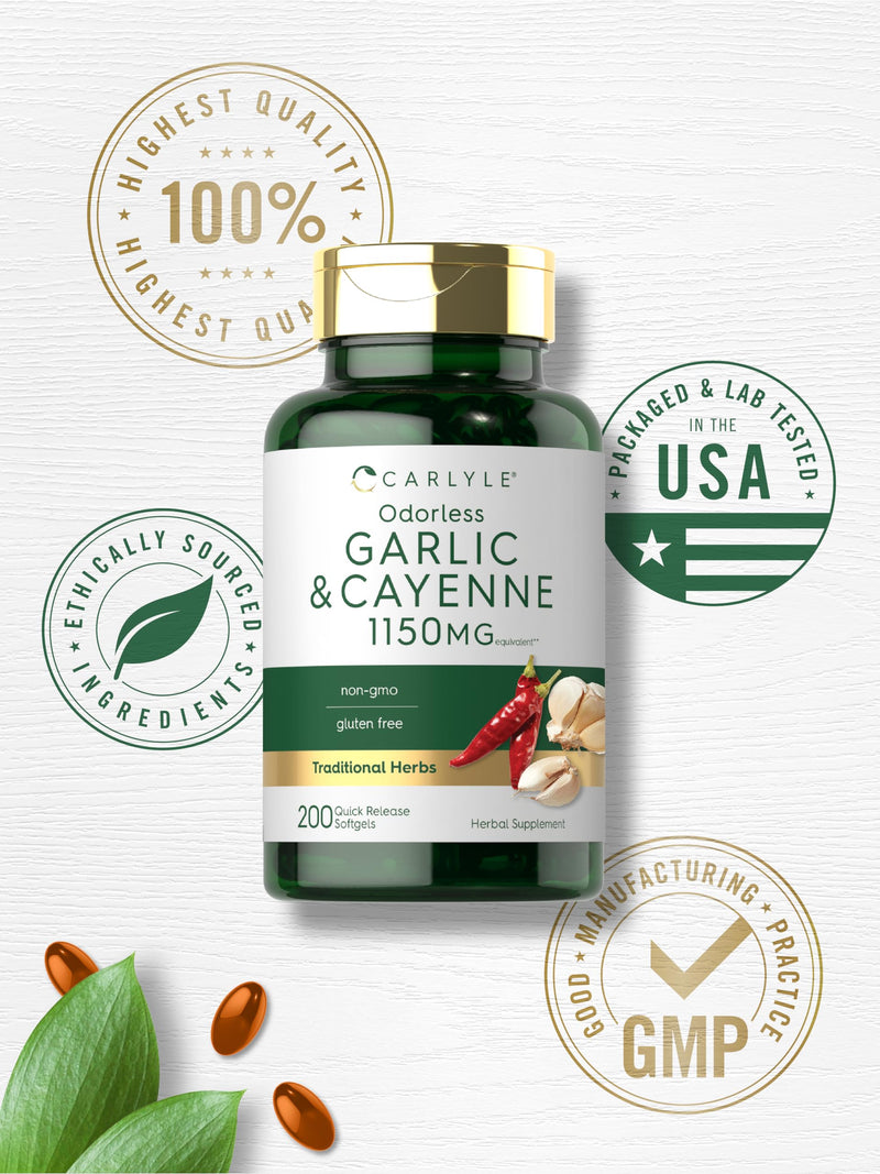 Carlyle Odorless Garlic and Cayenne 1150mg | 200 Softgels | Non-GMO, Gluten Free Supplement