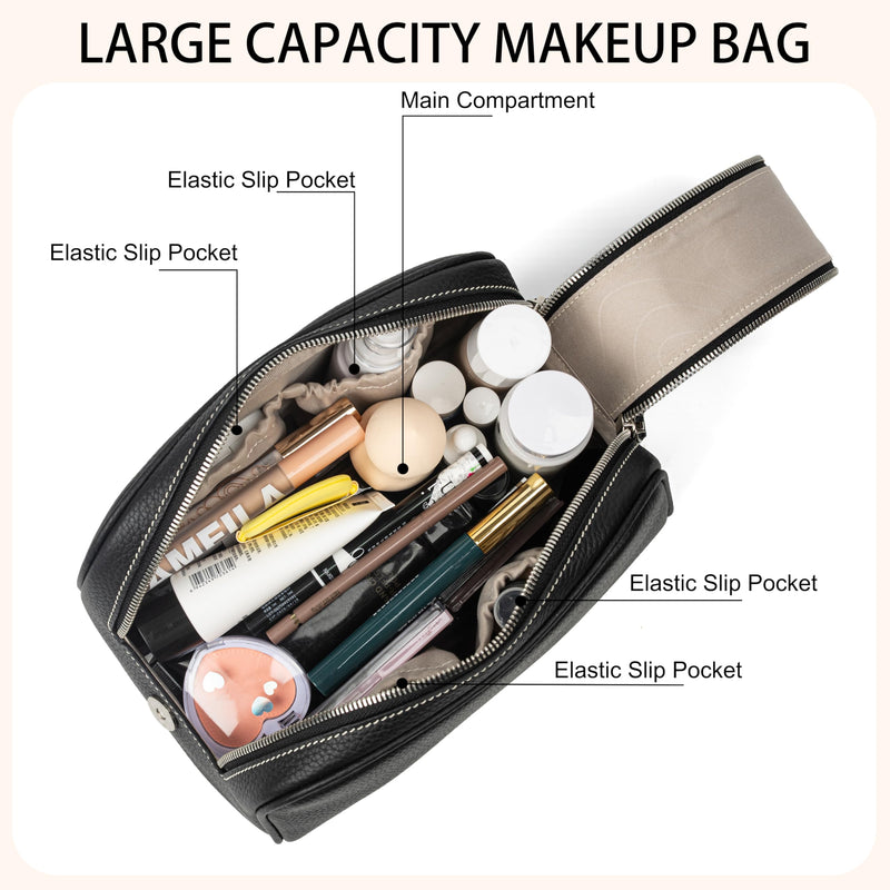 DORIS&JACKY Genuine Leather Toiletry Bag for Women and Men, Large Travel Handmade Makeup Case and Cosmetic Accessories Organizer Zipper Pouch with Carry Handle (1-Black) 1-Black