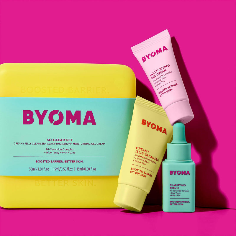 [Australia] - BYOMA So Clear Set - Barrier Repair Skincare Set for Acne Prone Skin - Creamy Jelly Cleanser, Clarifying Face Serum & & Gel-Cream Moisturizer - Unclogs Pores, Targets Blemishes - 30ml, 15ml, 15ml 